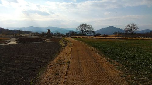 Road by agricultural field against sky