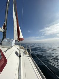 Sailboat sailing on sea against sky