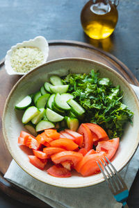 High angle view of food in plate on table