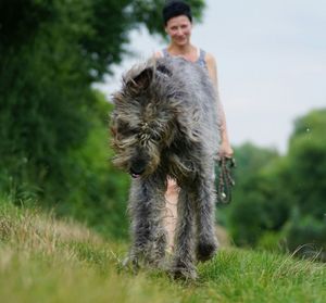 Smiling woman standing by irish wolfhound on grassy field