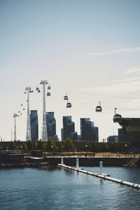 Birds flying in city against sky