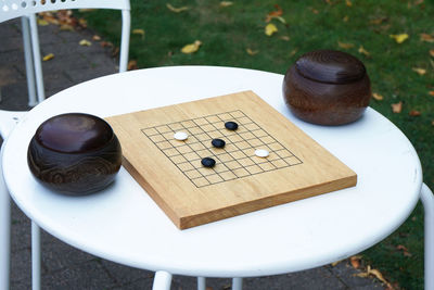 High angle view of board game on table at park