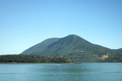 Scenic view of water and mt. konotic against clear blue sky