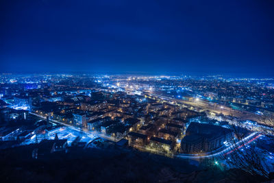 Beautiful blue light city night scape in cold winter night