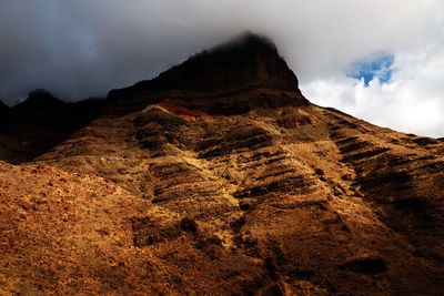 Low angle view of mountains against cloudy sky