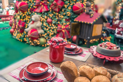 High angle view of breads in basket on table