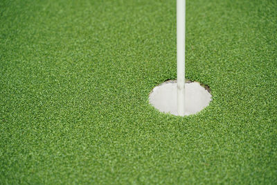 High angle view of golf ball on field