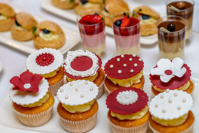 High angle view of cupcakes on table