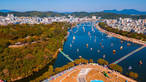 High angle view of buildings in city