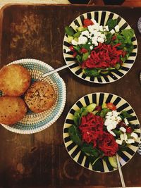 High angle view of chopped vegetables in bowl on table