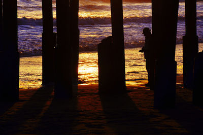 Silhouette trees on beach against sky during sunset