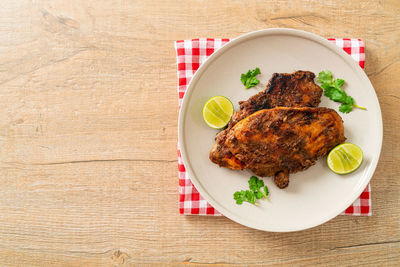 High angle view of food in plate on table