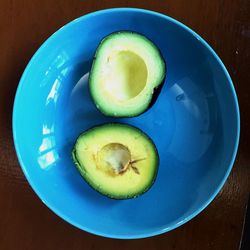 High angle view of fruits in plate on table