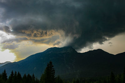 Scenic view of mountains against cloudy sky