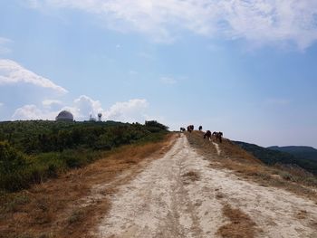 People walking on dirt road against sky