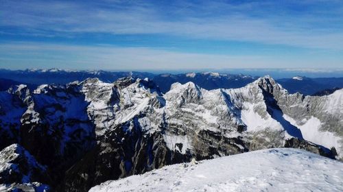 Panoramic view of mountains against blue sky