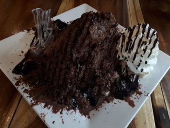 High angle view of chocolate cake in plate