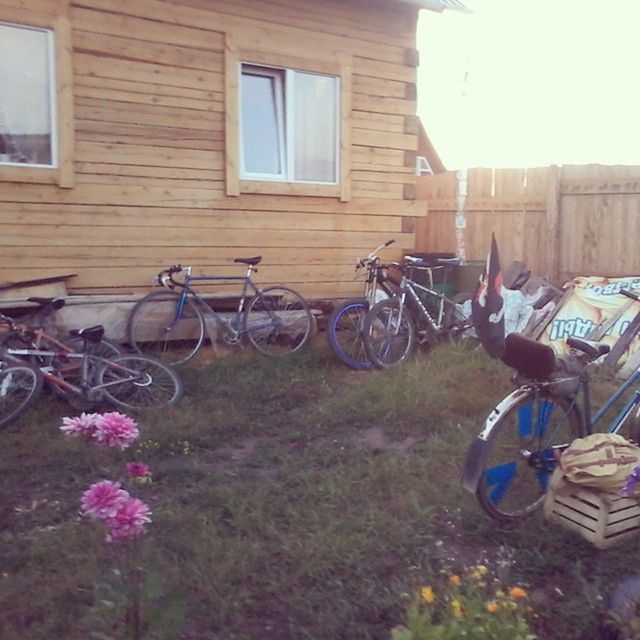 bicycle, transportation, land vehicle, mode of transport, parked, building exterior, stationary, architecture, parking, built structure, house, window, plant, day, abandoned, outdoors, wall - building feature, sunlight, no people, residential building