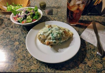 High angle view of food in plate on table