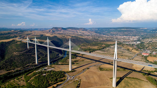 High angle view of bridge and cityscape against sky