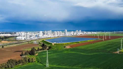 High angle view of cityscape against sky