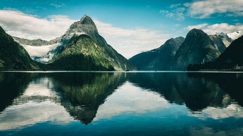 Scenic view of lake and mountains against sky