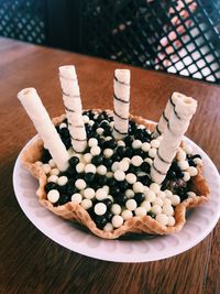 High angle view of dessert in plate on table