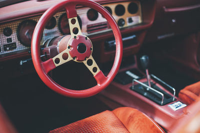 Close-up of steering wheel in vintage car