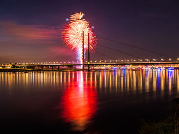 Firework display over river against sky at night