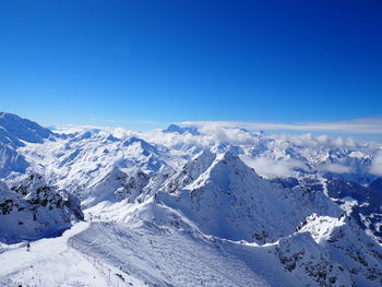 Scenic view of snow covered mountains against sky