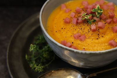 High angle view of soup in bowl on table