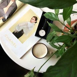 High angle portrait of smiling woman by plants on table at home