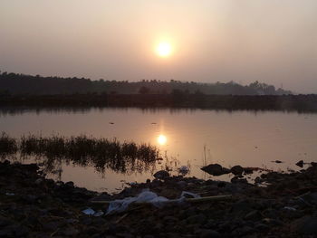 Scenic view of lake against sky during sunset