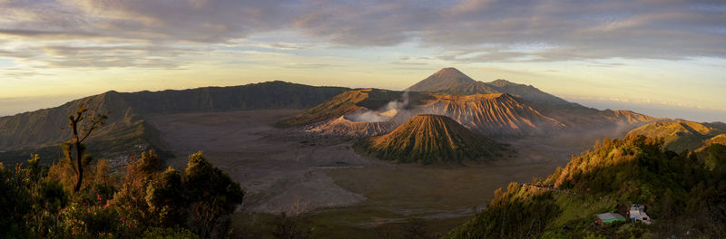 Scenic view of mountains against sky during sunset