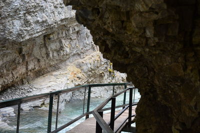 High angle view of steps in cave