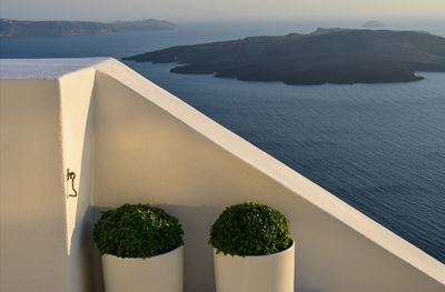 High angle view of potted plants by sea