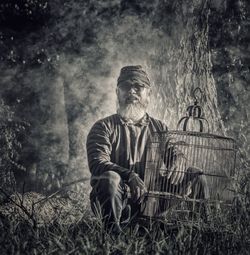 Man looking away while sitting by bird cage against tree trunk in forest