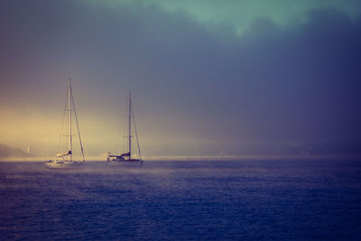 Sailboat sailing on sea against sky