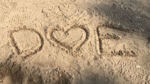 High angle view of text on sand at beach