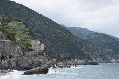 Scenic view of sea and mountains against sky