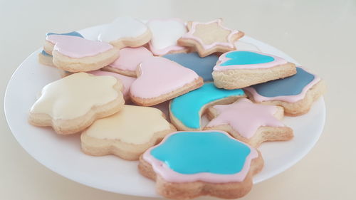 High angle view of cookies in plate on table