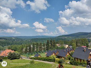 High angle view of buildings against sky