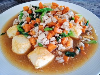 High angle view of soup in bowl on table