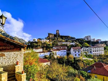 View of townscape against blue sky