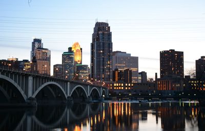 Bridge over river with city in background