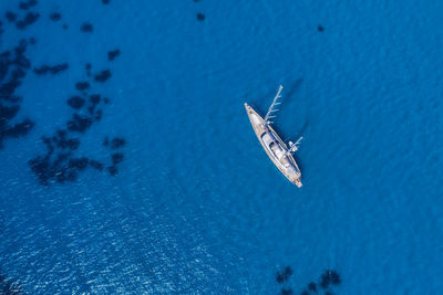 High angle view of birds flying over sea