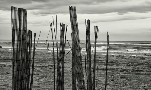 Scenic view of beach against cloudy sky