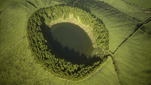 High angle view of hole on field