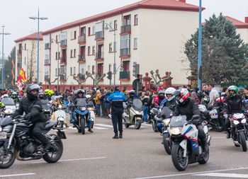Valladolid, spain - january 11, 2020, a motorcycle parade in meeting penguins