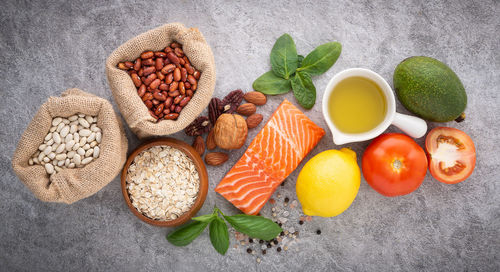 High angle view of fruits in bowl on table